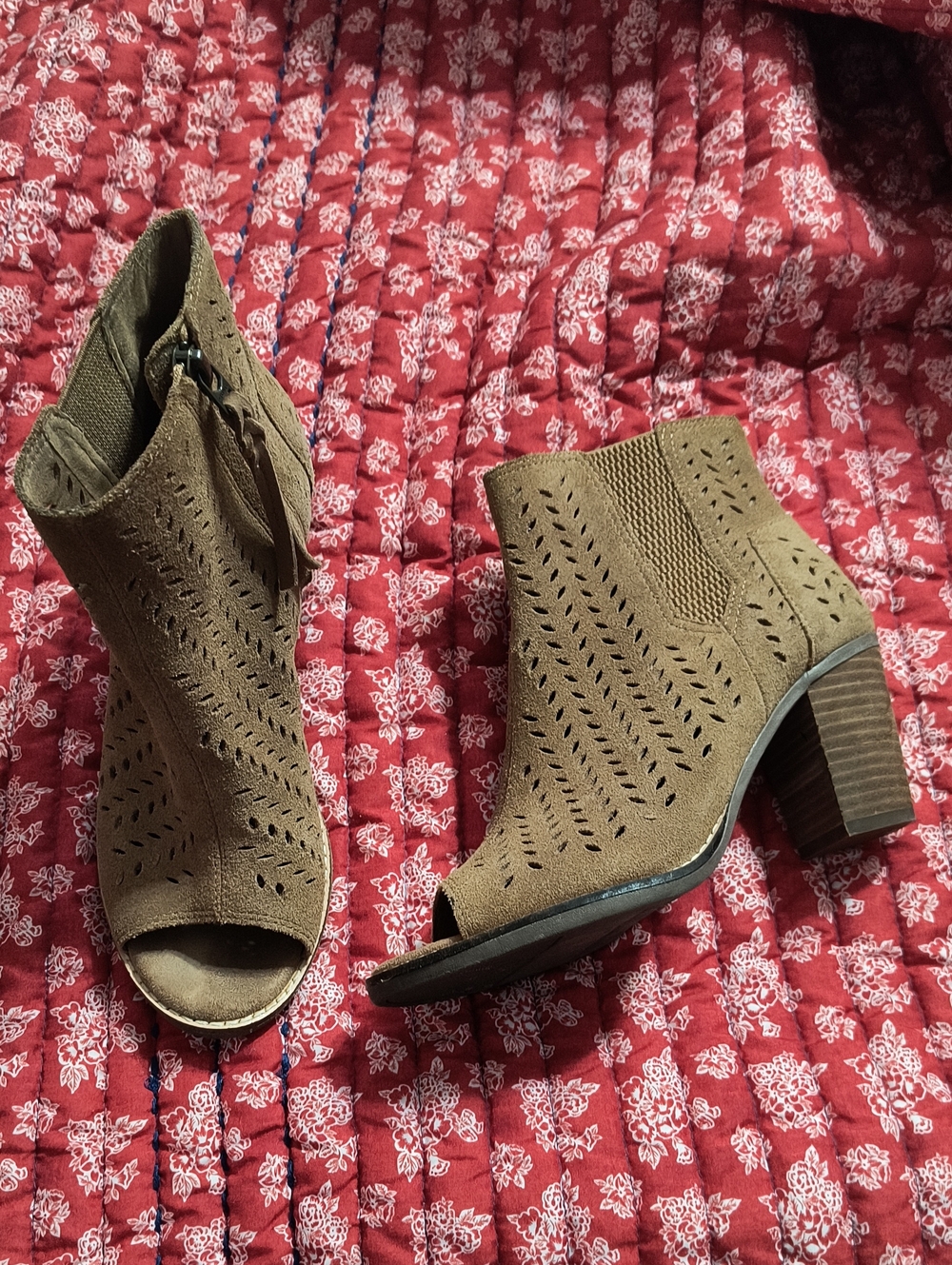 Like New TOMS Women's Brown Suede Peep-Toe Ankle Booties with Block Heel